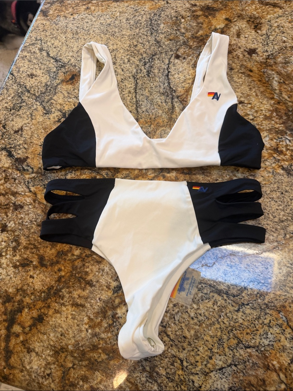 Aviator Nation White & Black Strappy Two-Piece Bikini